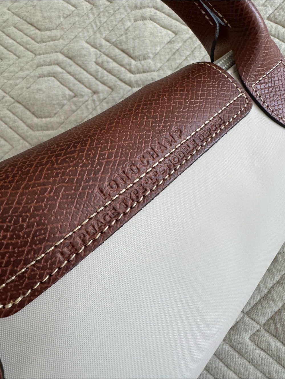 Longchamp Le Pliage Large Top Handle Cream Tote with Brown Leather Trim - Picture 9 of 9